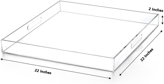 Extra Large Clear Modern Acrylic Ottoman Tray with Cutout Handles 22x22 Inch Over-Sized Serving Tray Organizer