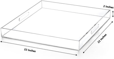 Extra Large Clear Modern Acrylic Ottoman Tray with Cutout Handles 22x22 Inch Over-Sized Serving Tray Organizer