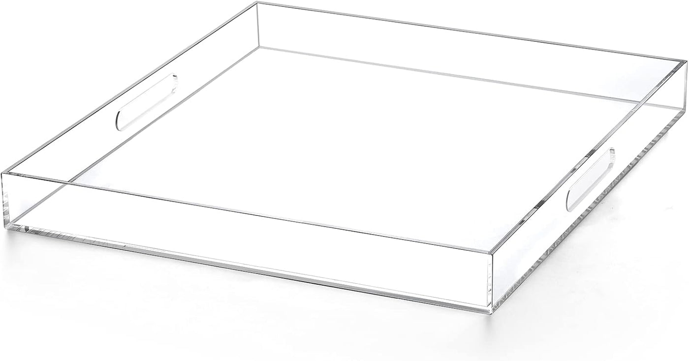 Extra Large Clear Modern Acrylic Ottoman Tray with Cutout Handles 22x22 Inch Over-Sized Serving Tray Organizer