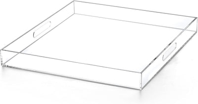 Extra Large Clear Modern Acrylic Ottoman Tray with Cutout Handles 22x22 Inch Over-Sized Serving Tray Organizer