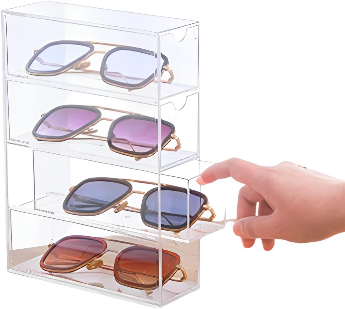 Sunglasses Case Storage Box with 4 Clear Divided Drawers