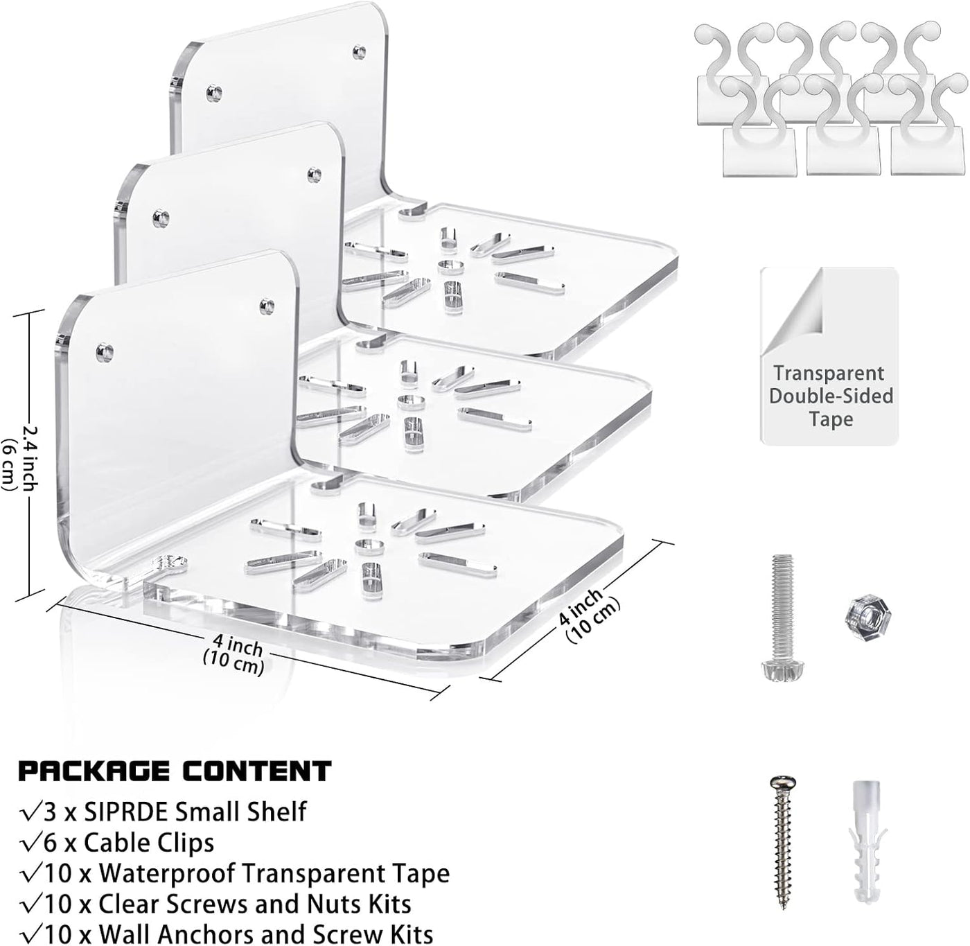 Clear Acrylic Small Wall Shelf Set of 3, 4'' Universal Adhesive Shelf