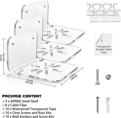 Clear Acrylic Small Wall Shelf Set of 3, 4'' Universal Adhesive Shelf
