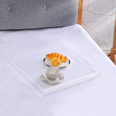 Extra Large Clear Modern Acrylic Ottoman Tray with Cutout Handles 22x22 Inch Over-Sized Serving Tray Organizer