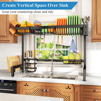 Over The Sink Dish Drying Rack | Stainless Steel Kitchen Storage Counter Organizer, Black
