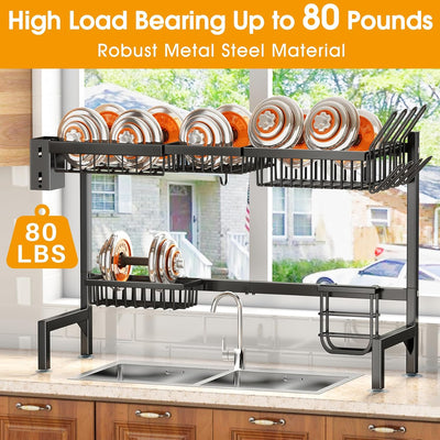 Over The Sink Dish Drying Rack | Stainless Steel Kitchen Storage Counter Organizer, Black