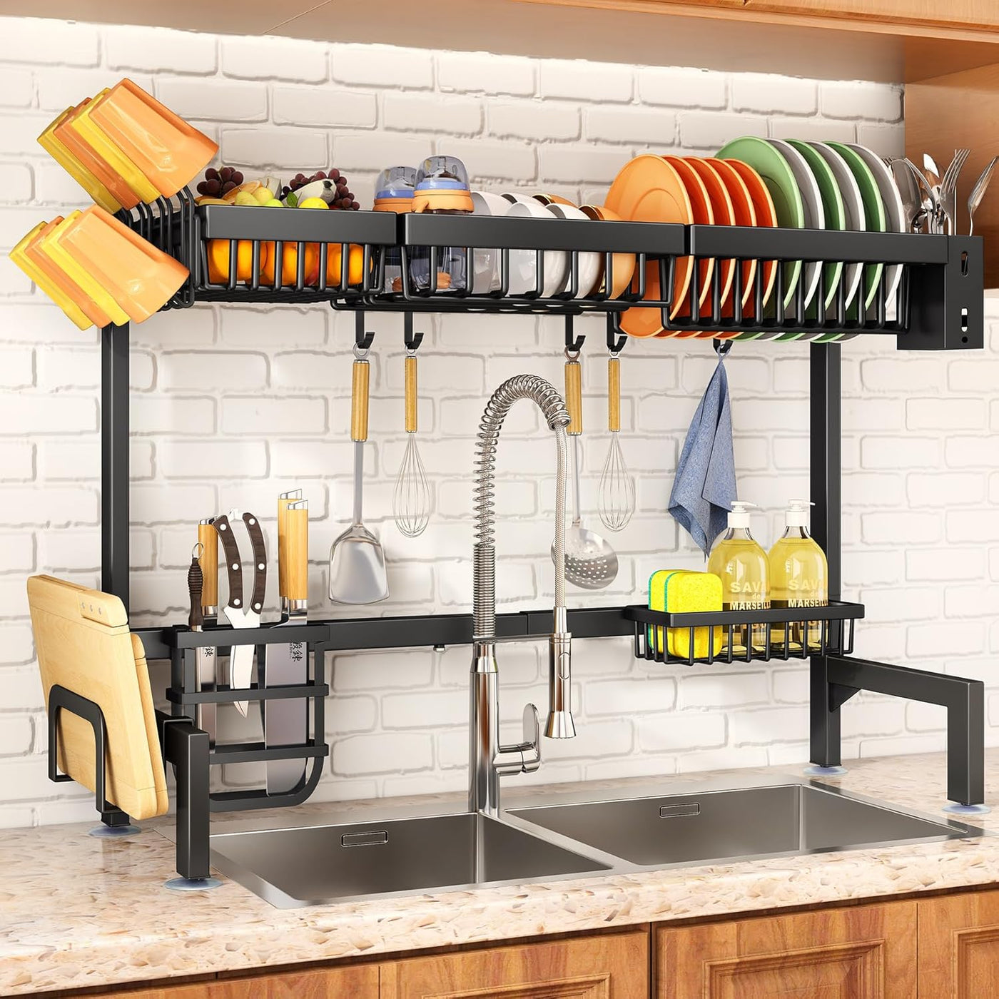 Over The Sink Dish Drying Rack | Stainless Steel Kitchen Storage Counter Organizer, Black