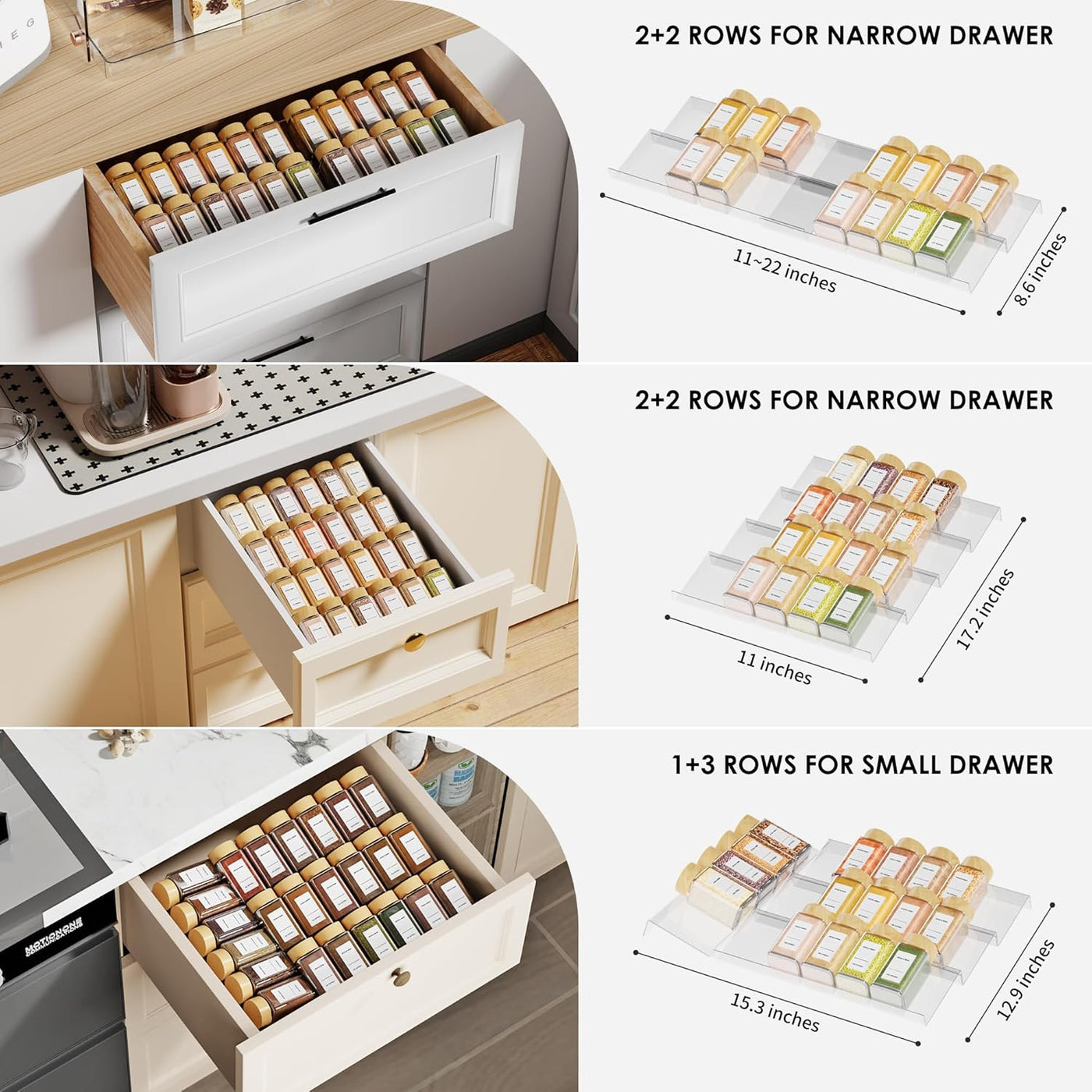 11" Spice Drawer Organizer, 4 Tier Clear Acrylic Seasoning Jars Drawer Insert