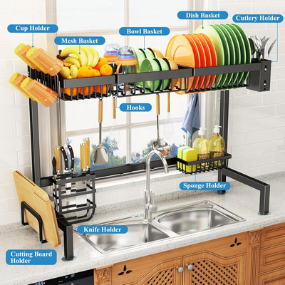 Over The Sink Dish Drying Rack | Stainless Steel Kitchen Storage Counter Organizer, Black