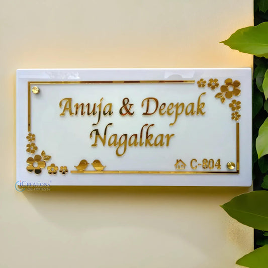 Customized Name Plates for Home – White Acrylic with Golden Letters