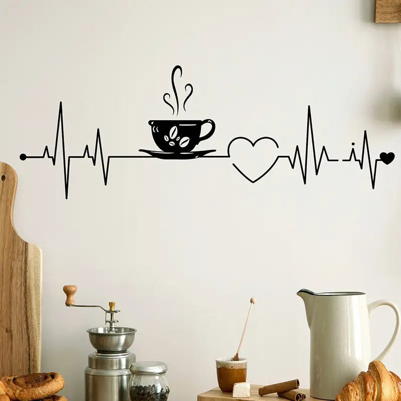 Coffee Cup With Heart ECG Signal - Beautiful Kitchen Wall Decal - Best For Home & Restaurant