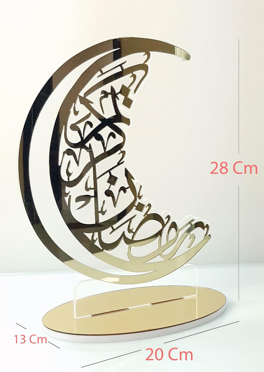 Golden Acrylic Ramadan Crescent Decoration – Elegant Islamic home décor for Eid and Ramadan celebrations, perfect for living rooms, offices, and festive gifting.